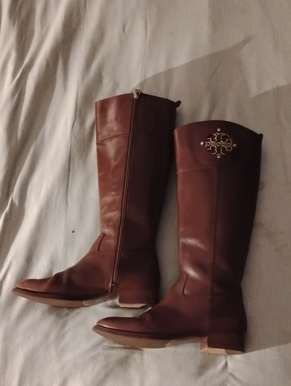 Tory Burch Chestnut Brown Tall Leather Logo Riding Boots